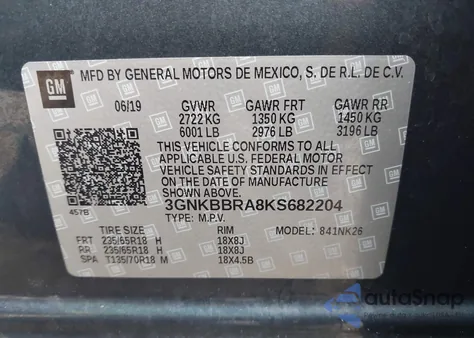 2019 Chevrolet Blazer из США, поврежденный, VIN 3GNKBBRA8KS682204